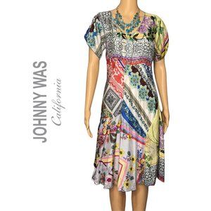 Johnny Was Silk Short Sleeve Multicolored Patchwork Dress Size Small EUC